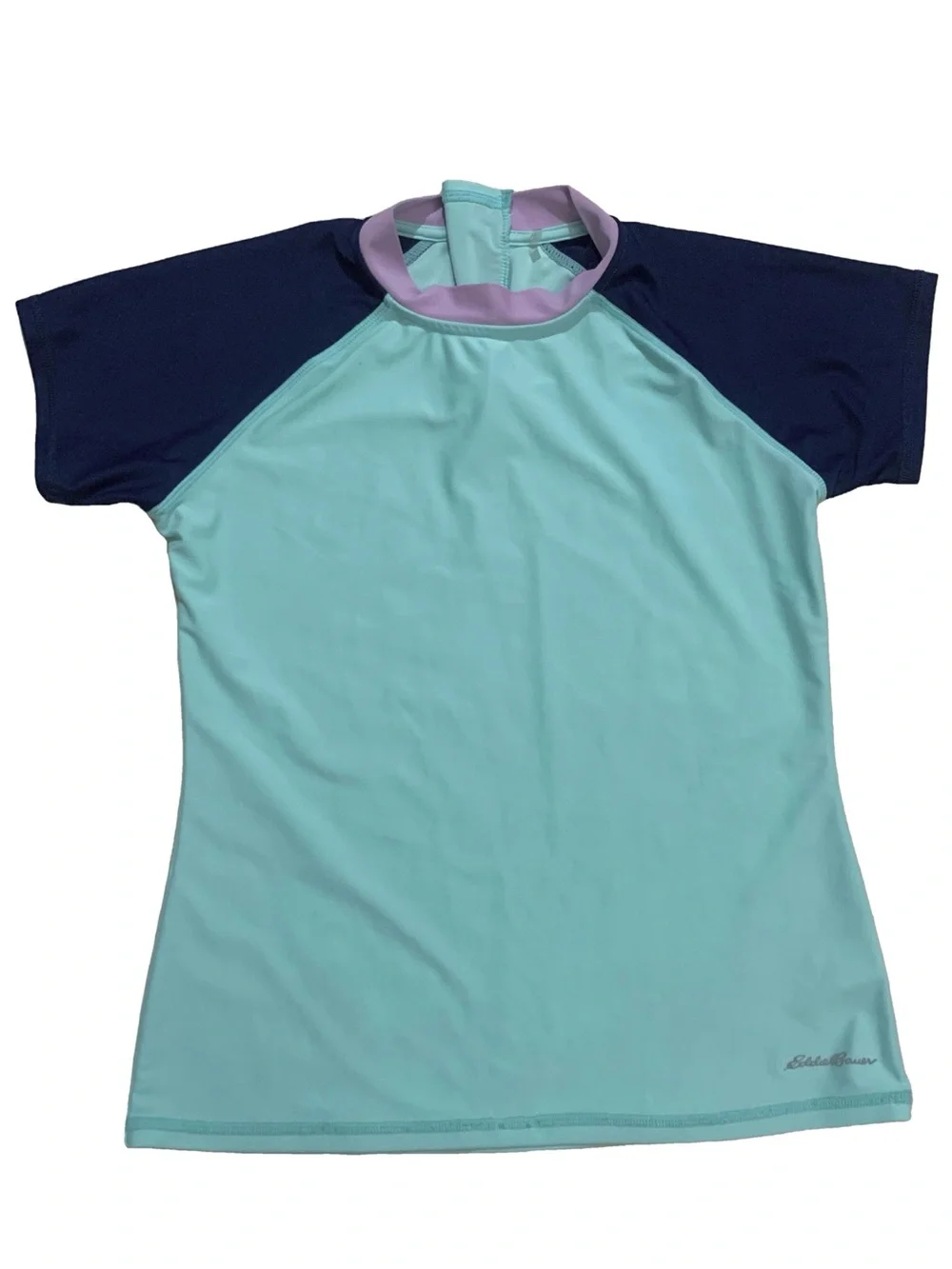 Eddie Bauer Teal Blue Color Block Back Zipper Short Sleeve Rashguard Shirt
